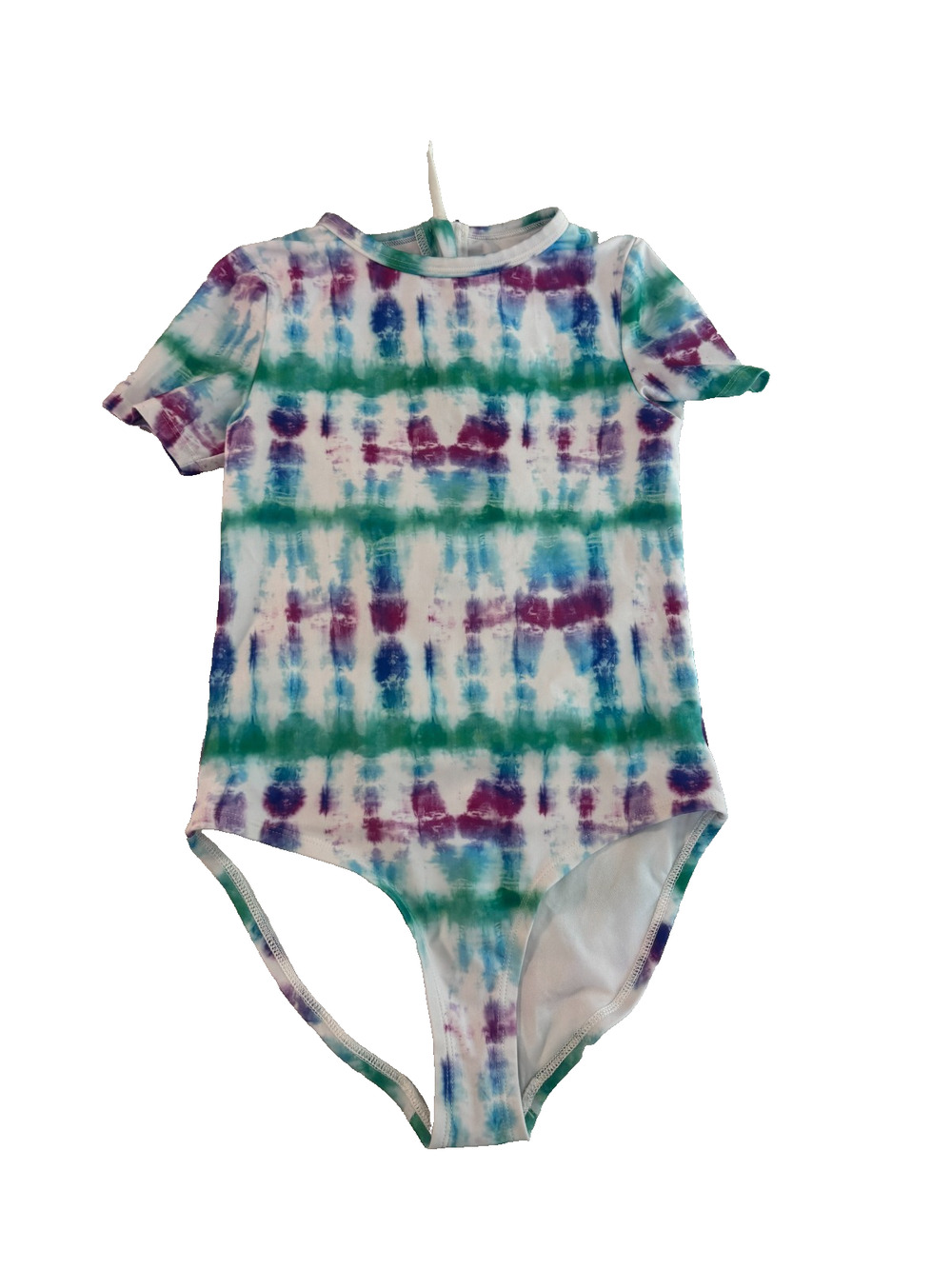 DSG Girls One Piece Swimsuit UPF 50+ Short Sleeve Zip Back Size M Tie Dye NWT